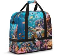 Borsone da viaggio con tartaruga oceanica per donne e uomini, tropicale corallo pesce mare, borsa da palestra pieghevole, borsa da palestra per weekend e pernottamento, borsa da cabina con scomparto
