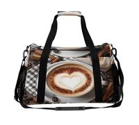Borsone da viaggio con tazza di caffè e chicchi di caffè su un vecchio tavolo in legno, borsone da viaggio con stampa, borsa da viaggio per il fine settimana, borsa a tracolla per donne e uomini