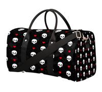 Borsone da viaggio con teschio e cuore, borsa sportiva nera, borsa da palestra pieghevole, borsa per la notte, borsa da viaggio per donne e uomini, Teschio Amore Cuore, 17.4(L) x 8.3(W) x 9.5(H) inch