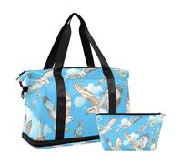 Borsone da viaggio con uccello in stile cartone animato comune poiana bianco latte con tasca bagnata tracolla regolabile palestra sport trasportare per allenamento grande capacità per uomini donne