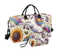 Borsone da viaggio con unicorni bianchi in stile cartone animato, borsa da palestra con borsa da toilette per viaggi di lavoro, set da 2 pezzi, Cartone animato Bianco unicorni Girasole, 1 size