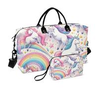 Borsone da viaggio, con unicorni giocosi che si divertono tra arcobaleni colorati e stelle scintillanti, borsa da palestra con borsa portaoggetti, borsa per la notte, per uomini e donne, viaggi,