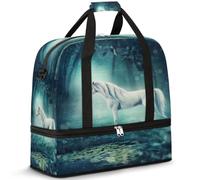 Borsone da viaggio con unicorno bianco nella foresta, per donne e uomini, pieghevole, per sport, palestra, fine settimana, pernottamento, borsa da cabina con scomparto per scarpe, Multicolore