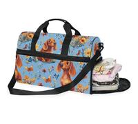 Borsone da viaggio da donna con bassotto in stile cartone animato, borsone da viaggio con scomparto per scarpe, blu, Cane Bassotto Cartoon Blu_1, 20.5×13.6×10 inches