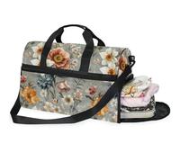 Borsone da viaggio da donna, con fiori e narcisi, colore grigio, con scomparto per scarpe, Fiori Narciso Grigio_1, 20.5×13.6×10 inches