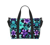 Borsone da viaggio da donna, con fiori viola e foglia di tè, grande borsa da viaggio per weekender, borsa da allenamento per palestra, borsa da ospedale per mamma, nero, Taglia unica