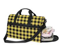 Borsone da viaggio da donna con motivo scozzese giallo e nero con scomparto per scarpe, Fiori del pensiero Verde_2, 20.5×13.6×10 inches