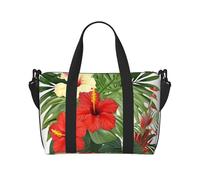 Borsone da viaggio da donna, grande borsa a tracolla per weekender, borsa da palestra sportiva da uomo, borsa tote da portare avanti, foglie vegetali con fiori di ibisco, borsa da viaggio per oggetti