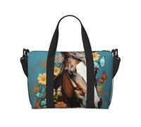 Borsone da viaggio da donna, grande borsa a tracolla per weekender, borsa da palestra sportiva per uomini, borse da portare avanti, un cavallo con fiori e farfalle, borsa da viaggio per oggetti
