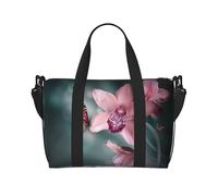 Borsone da viaggio da donna, leggero, con stampa primaverile, con orchidea, fiore e farfalla, borsa per oggetti personali, Nero , Taglia unica