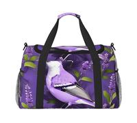 Borsone da viaggio elegante con stampa floreale con uccellino in lavanda viola, ampio spazio e cerniera impermeabile, per aeroplano e palestra