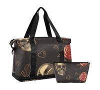 Borsone da viaggio gotico con teschio rosa rosso nero con tracolla regolabile per viaggi di lavoro multifunzionale, Teschio rosa rosso nero Valentine Gothic, 1 size