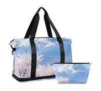 Borsone da viaggio grande blu e bianco con stampa giapponese Monte Fuji Cherry Blossoms con tasca bagnata, cinturino regolabile, borsone sportivo da palestra multifunzionale per uomini e donne