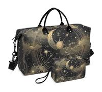 Borsone da viaggio grande con astrologia dei tarocchi neri e oro, borsone da viaggio, borsa da palestra con tracolla regolabile per palestra impermeabile