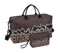 Borsone da viaggio grande con motivo patchwork leopardato, marrone, borsa da palestra, borsa da palestra con tracolla regolabile, set da 2 pezzi, Leopardo Patchwork Marrone, 1 size