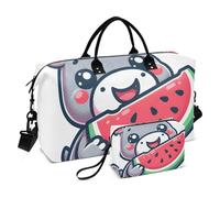 Borsone da viaggio, grazioso ippopotamo che tiene un'anguria affettata, borsa da palestra con borsa portaoggetti, borsa per la notte, per uomini e donne, viaggi, sport, yoga, Multicolore, Taglia unica