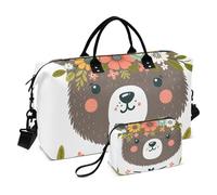 Borsone da viaggio, illustrazione disegnata a mano di un simpatico volto di orso in una borsa da palestra con corona di fiori, borsa da palestra con borsa portaoggetti, borsa per la notte, per uomini
