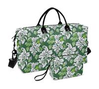 Borsone da viaggio Moda Vintage Fiore Verde Bianco Spalla Weekender Pernottamento Bag con Toiletry Bag per Allenamento 2 Pz Set bolsa de mano para ropa de