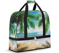 Borsone da viaggio Ocean Beach per donne e uomini, con foglie di palma, mare tropicale, spiaggia, pieghevole, borsa da palestra per il fine settimana e la notte, borsa da cabina con scomparto per