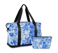 Borsone da viaggio oversize blu e bianco con graffiti a cartoni animati, grande borsa da trasporto con tracolla regolabile per viaggio impermeabile, graffiti blu e bianchi, taglia unica, Graffiti