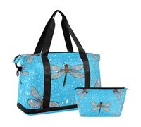 Borsone da viaggio oversize con libellula con glitter finti blu borsa da viaggio per sport palestra borsa da toilette per allenamento multifunzionale, Falso Glitter cartone animato libellula blu, 1