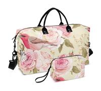 Borsone da viaggio oversize con rose inglesi e uccellini, con borsa da toilette per sport, palestra, trekking, palestra, set da 2 pezzi, Rose inglesi Uccelli Rosa, 1 Size