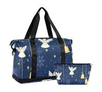 Borsone da viaggio oversize giallo con campanella di Natale e angelo, borsa da viaggio per il weekender, con cinghia regolabile, set da 2 pezzi, Giallo Buon Natale campana Angelo, 1 size