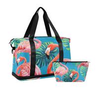 Borsone da viaggio oversize vintage con fenicotteri e foglie di palma blu, borsone da viaggio per weekender/pernottamento con borsa da toilette per yoga, set da 2 pezzi, Vintage pittura fenicotteri