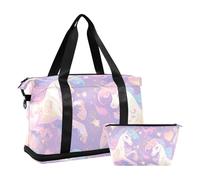 Borsone da viaggio oversize viola con unicorni arcobaleno borsa da viaggio Weekender borsa da notte con borsa da toilette per palestra multifunzionale, Unicorni arcobaleno viola, 1 size