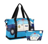 Borsone da viaggio per auto della polizia blu cartoni animati, borsa da fine settimana con cinghia regolabile per yoga, set da 2 pezzi, Auto blu della polizia del fumetto, 1 size