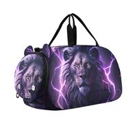 Borsone da viaggio per bambini con simpatico cane della foresta della Pomerania, borsone da viaggio per bambini, Leone Nero Viola Fulmine, classico