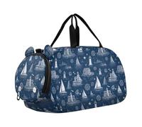 Borsone da viaggio per bambini, per la notte, weekender, borsa da palestra con scomparto per scarpe, scuola, sport, blu scuro, torre, nave, onde del mare