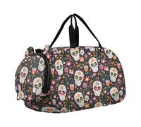 Borsone da viaggio per bambini, per la notte, weekender, borsa da palestra con scomparto per scarpe, sport, scuola, teschi, motivo floreale colorato