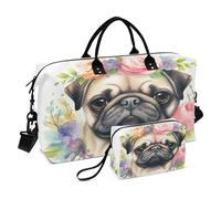 Borsone da viaggio per cani, borsa da palestra con cane carlino con fiori, borsa da viaggio da donna con borsa da toilette borsa da viaggio borsa da nuoto, Multicolore., Taglia unica