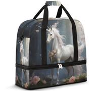 Borsone da viaggio per donne e uomini, borsa da viaggio per donne e uomini, con unicorno magico e fiore, borsa da viaggio per il fine settimana, pieghevole, separata dal bagnato, borsa tote da 47 l,