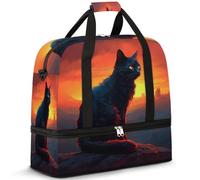 Borsone da viaggio per donne e uomini, con gatto nero che tramonta, borse per il fine settimana e per la notte, pieghevole, separata dal bagnato, borsa tote da 47 litri, per sport, palestra, yoga,