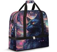 Borsone da viaggio per donne e uomini, con gatto nero, pieghevole, per sport, palestra, fine settimana, pernottamento, borsa da cabina con scomparto per scarpe, Multicolore