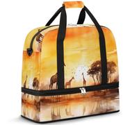 Borsone da viaggio per donne e uomini, con giraffa africana che tramonta il sole, borse per il fine settimana per la notte, pieghevole, separata dal bagnato, borsa tote da 47 l, per sport, palestra,