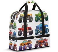 Borsone da viaggio per donne e uomini con Monster Trucks Cartoon Borse da viaggio per il fine settimana Borse da notte pieghevoli Wet Seperated 47 L Tote Bag per sport palestra yoga, Colore, 47 L,