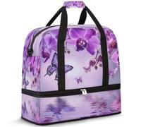 Borsone da viaggio per donne e uomini, con motivo floreale e orchidea viola, pieghevole, per sport, palestra, fine settimana, pernottamento, borsa da cabina con scomparto per scarpe, Multicolore