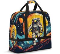 Borsone da viaggio per donne e uomini, pieghevole, con motivo astronauta e pianeta, borsa da palestra per il fine settimana e la notte, borsa da cabina con scomparto per scarpe, Multicolore