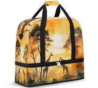 Borsone da viaggio per donne e uomini, sole mattutino, foresta africana, giraffa, fine settimana, borsa per la notte, pieghevole, separata dal bagnato, borsa tote da 47 l, per sport, palestra, yoga,