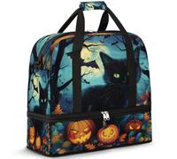 Borsone da viaggio per Halloween con gatto nero, unisex, pipistrello, zucca, albero, pieghevole, per sport, palestra, fine settimana, pernottamento, borsa da cabina con scomparto per scarpe