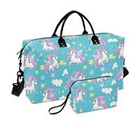 Borsone da viaggio per la notte, borsa tote e bagaglio tote bag con borsa da toilette per viaggi di lavoro multifunzionale, ragazza sognante unicorni blu