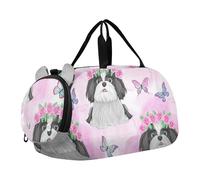 Borsone da viaggio per ragazze con fiocchi di neve bianchi e rossi e neri di bufalo da portare con sé durante la notte, Carino Cartoon Cani Farfalle Rosa, classico