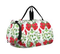 Borsone da viaggio per ragazze con fiocchi di neve bianchi e rossi e neri di bufalo da portare con sé durante la notte, Fiori di papavero rosso foglie verdi bianche, classico