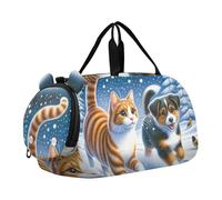 Borsone da viaggio per ragazzi con cardinali invernali Foresta durante la notte Weekender Borsone da viaggio per bambini, Simpatico gatto cane neve invernale, classico