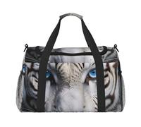 Borsone da viaggio per uomini e donne, con stampa tigre bianca, con occhi blu, borsa da viaggio pieghevole e spaziosa borsa da viaggio per riporre articoli da toeletta, articoli personali, nero, L