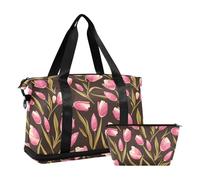 Borsone da viaggio per weekender/pernottamento borsa da palestra Borsa da viaggio Borsa da viaggio con trappola regolabile per viaggio pieghevole, tulipa rosa e foglie verdi illustrazione vettoriale