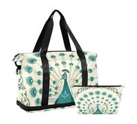 Borsone da viaggio per weekender/pernottamento borsa da palestra Tote con trappola regolabile per Buine Trip pieghevole, Retro Vintage Stile Vittoriano Verde Pavone